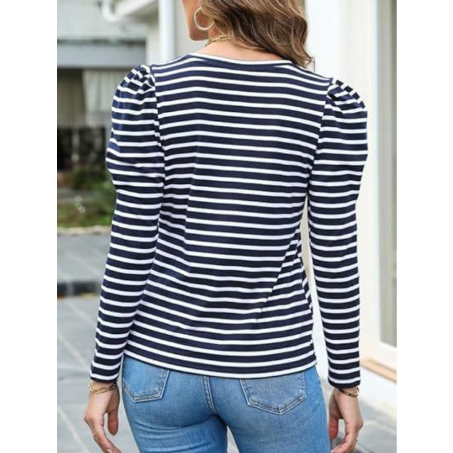 Striped Round Neck Long Sleeve T-Shirt Navy / S Apparel and Accessories