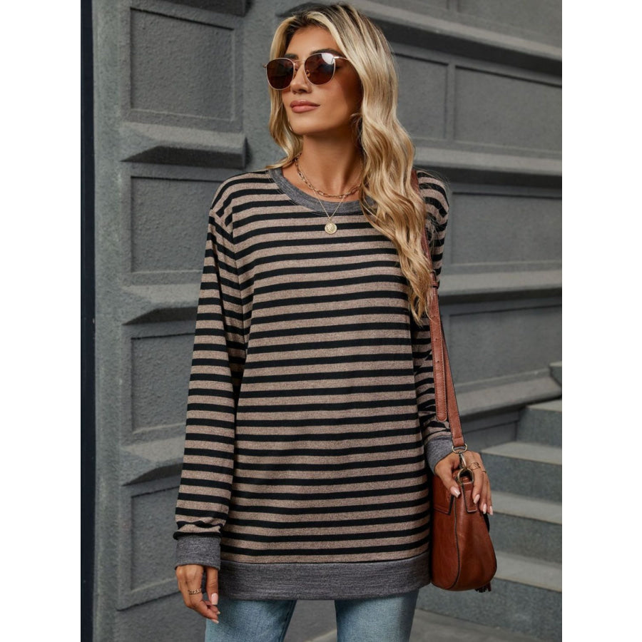 Striped Round Neck Long Sleeve T-Shirt Apparel and Accessories