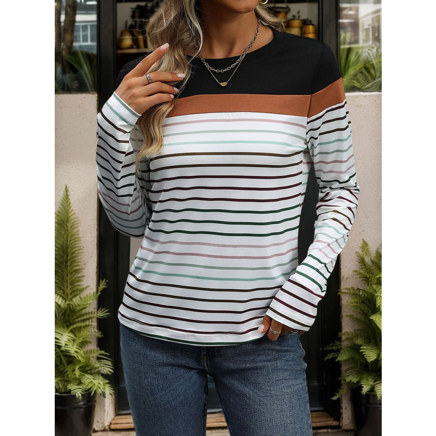 Striped Round Neck Long Sleeve T-Shirt Apparel and Accessories