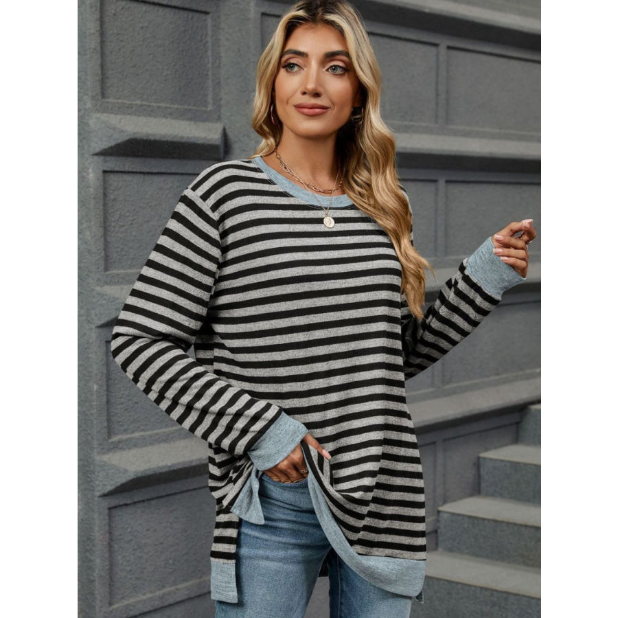 Striped Round Neck Long Sleeve T-Shirt Apparel and Accessories