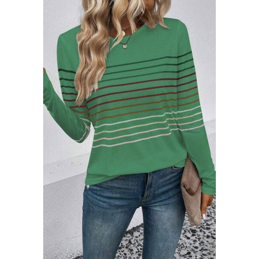 Striped Round Neck Long Sleeve T-Shirt Apparel and Accessories