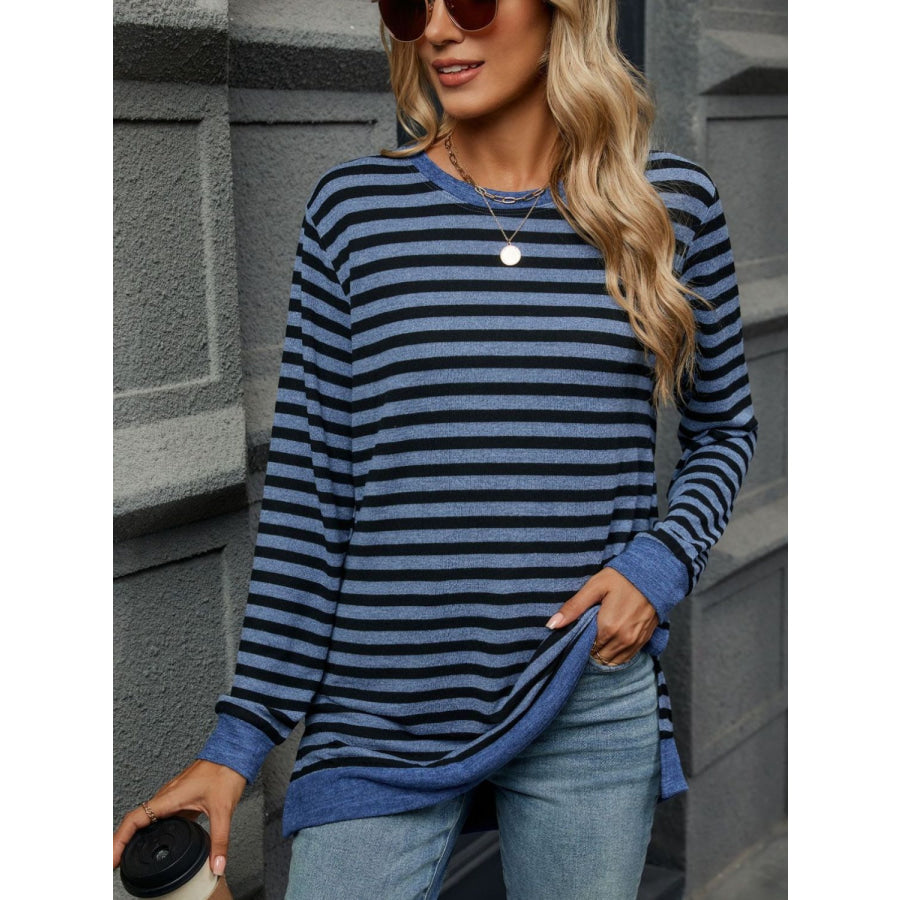 Striped Round Neck Long Sleeve T-Shirt Apparel and Accessories