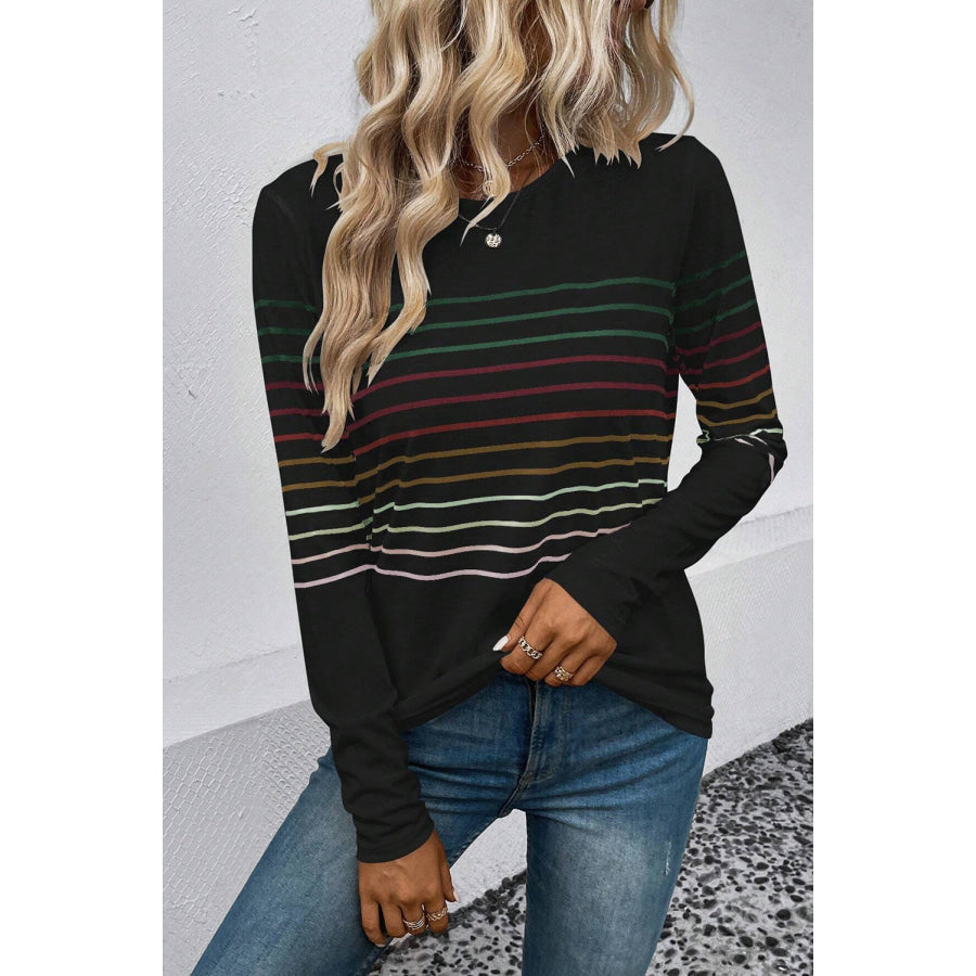 Striped Round Neck Long Sleeve T - Shirt Apparel and Accessories