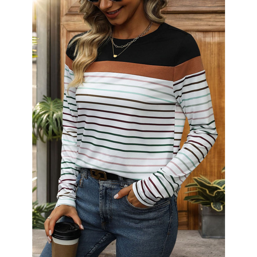 Striped Round Neck Long Sleeve T-Shirt Apparel and Accessories