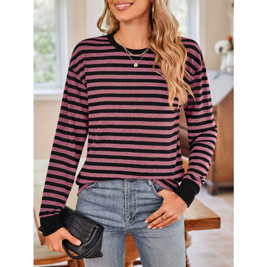 Striped Round Neck Long Sleeve T-Shirt Apparel and Accessories