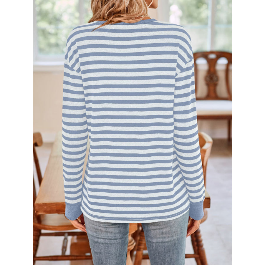 Striped Round Neck Long Sleeve T-Shirt Apparel and Accessories