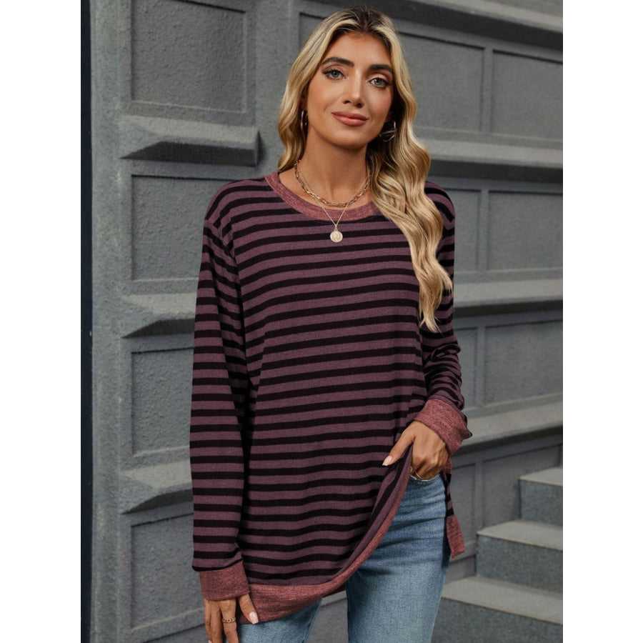 Striped Round Neck Long Sleeve T-Shirt Apparel and Accessories