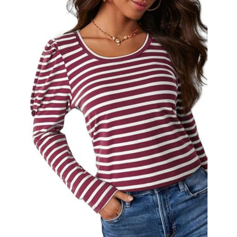 Striped Round Neck Long Sleeve T-Shirt Apparel and Accessories