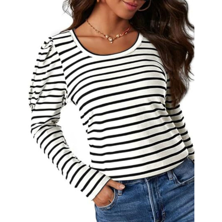 Striped Round Neck Long Sleeve T-Shirt Apparel and Accessories