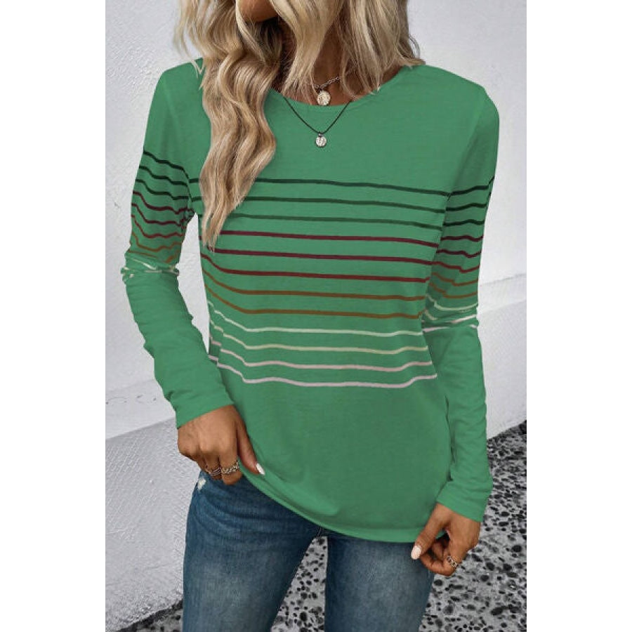 Striped Round Neck Long Sleeve T-Shirt Apparel and Accessories