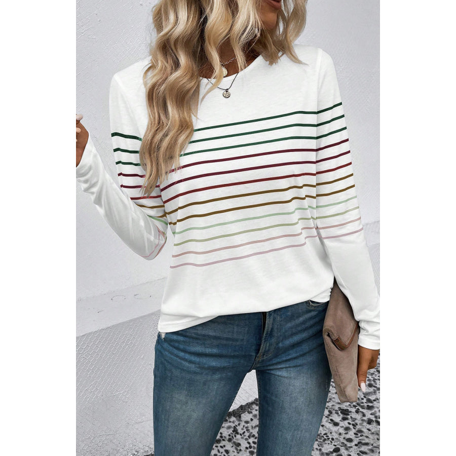 Striped Round Neck Long Sleeve T - Shirt Apparel and Accessories