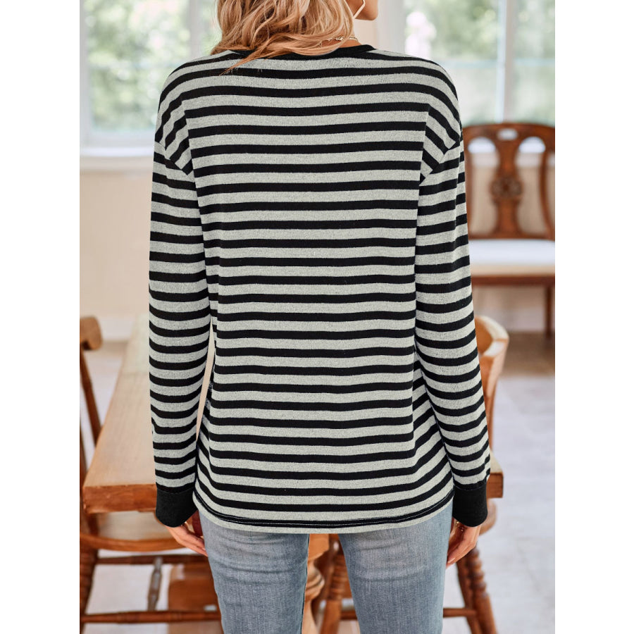 Striped Round Neck Long Sleeve T-Shirt Dark Gray / S Apparel and Accessories