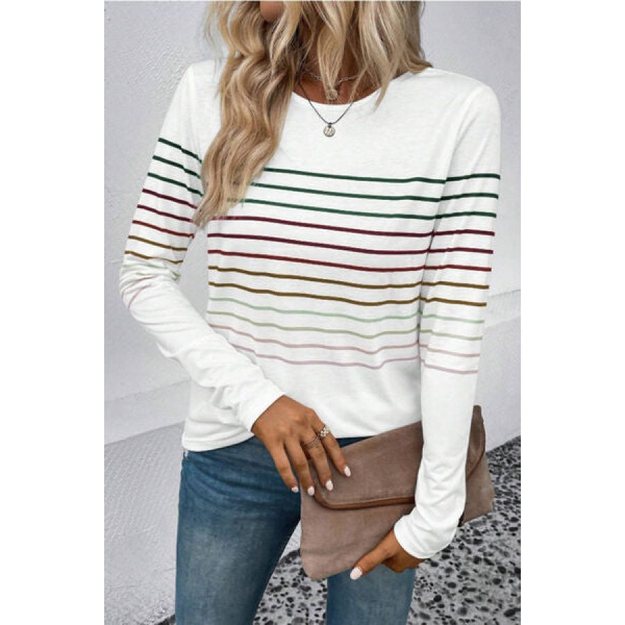 Striped Round Neck Long Sleeve T-Shirt Apparel and Accessories