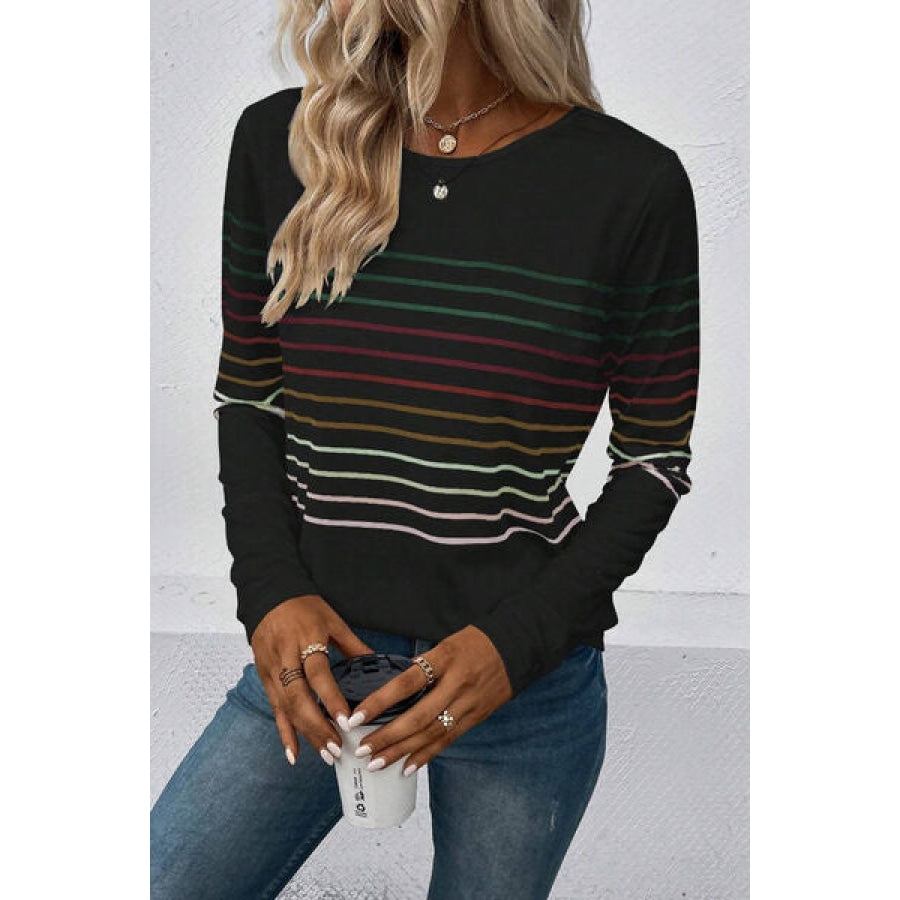 Striped Round Neck Long Sleeve T-Shirt Apparel and Accessories