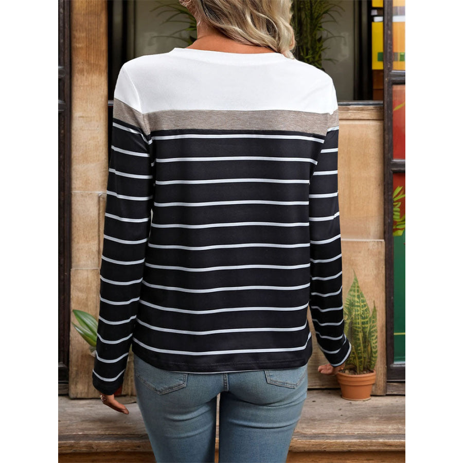 Striped Round Neck Long Sleeve T-Shirt Apparel and Accessories