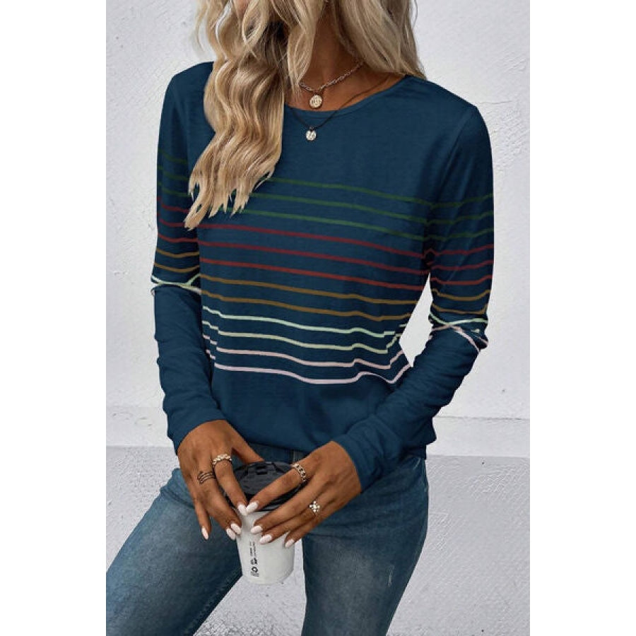 Striped Round Neck Long Sleeve T-Shirt Apparel and Accessories