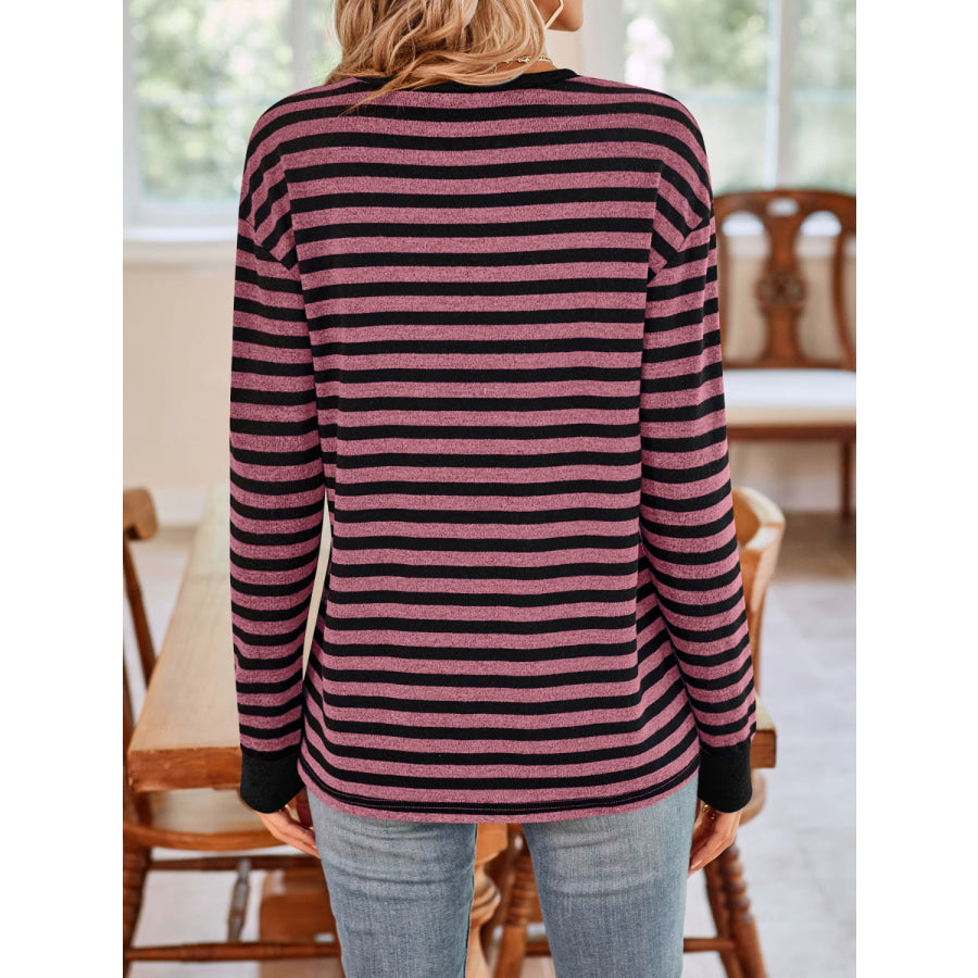 Striped Round Neck Long Sleeve T-Shirt Apparel and Accessories