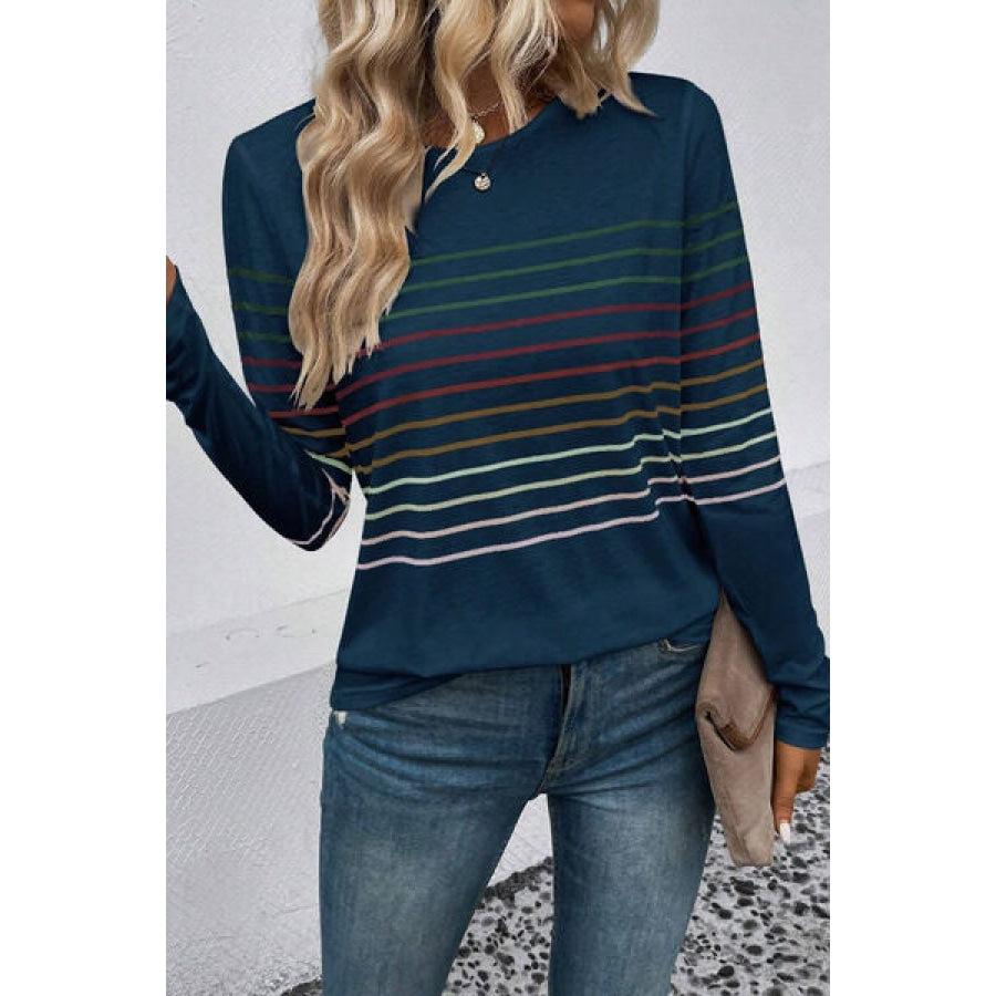 Striped Round Neck Long Sleeve T-Shirt Apparel and Accessories