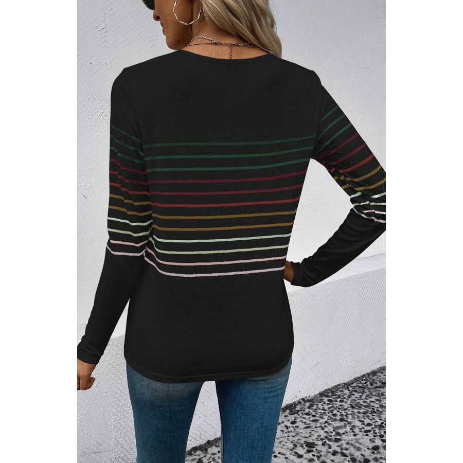 Striped Round Neck Long Sleeve T - Shirt Apparel and Accessories