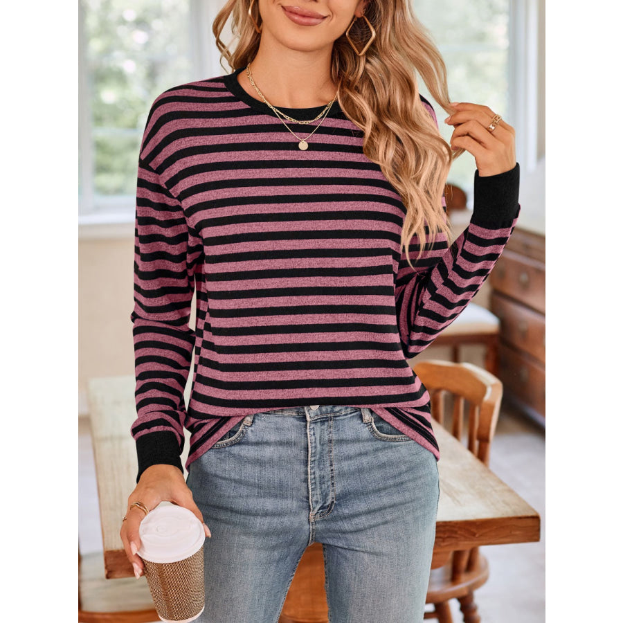 Striped Round Neck Long Sleeve T-Shirt Apparel and Accessories