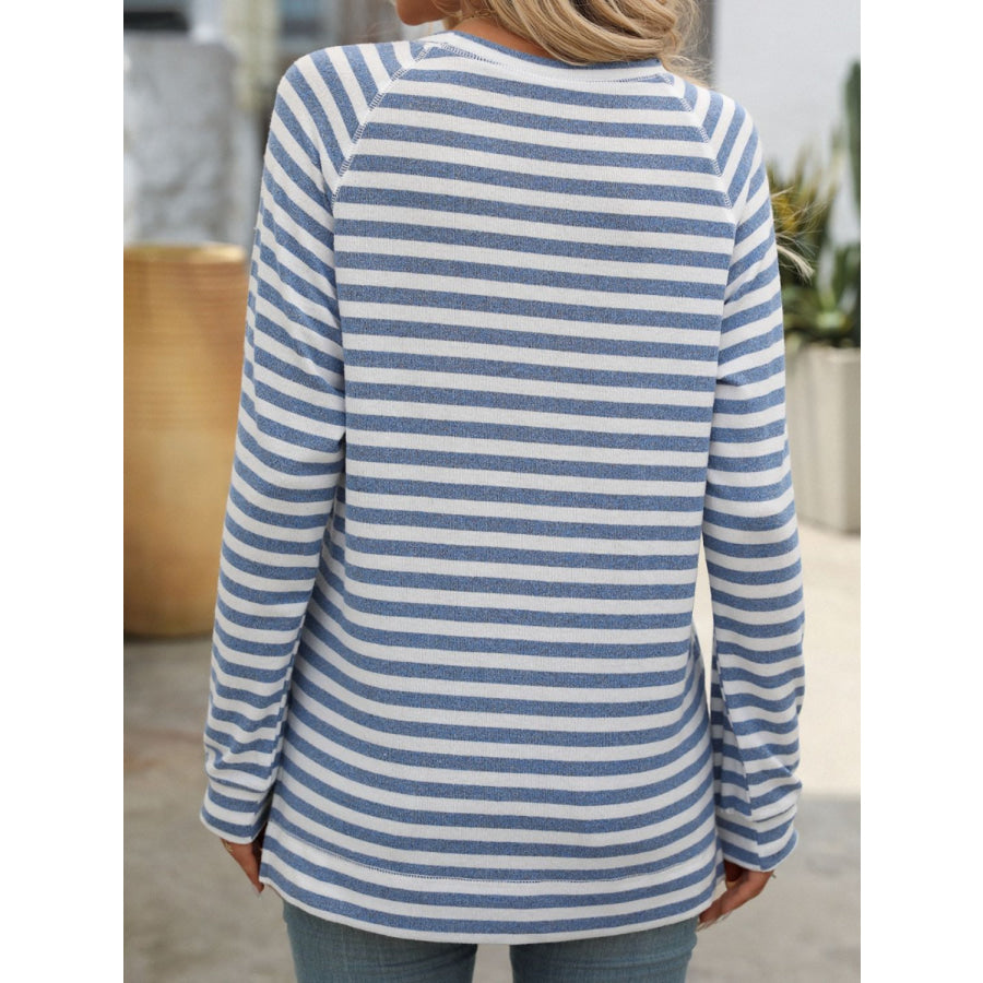 Striped Round Neck Long Sleeve T-Shirt Dusty Blue / S Apparel and Accessories