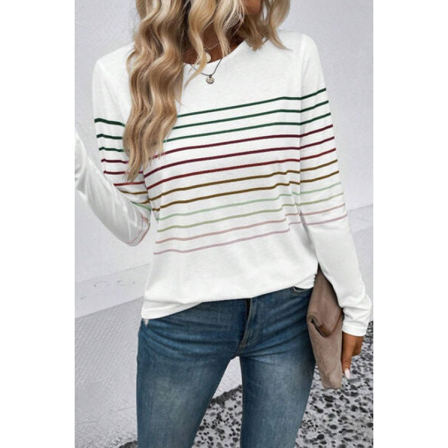 Striped Round Neck Long Sleeve T-Shirt White / S Apparel and Accessories