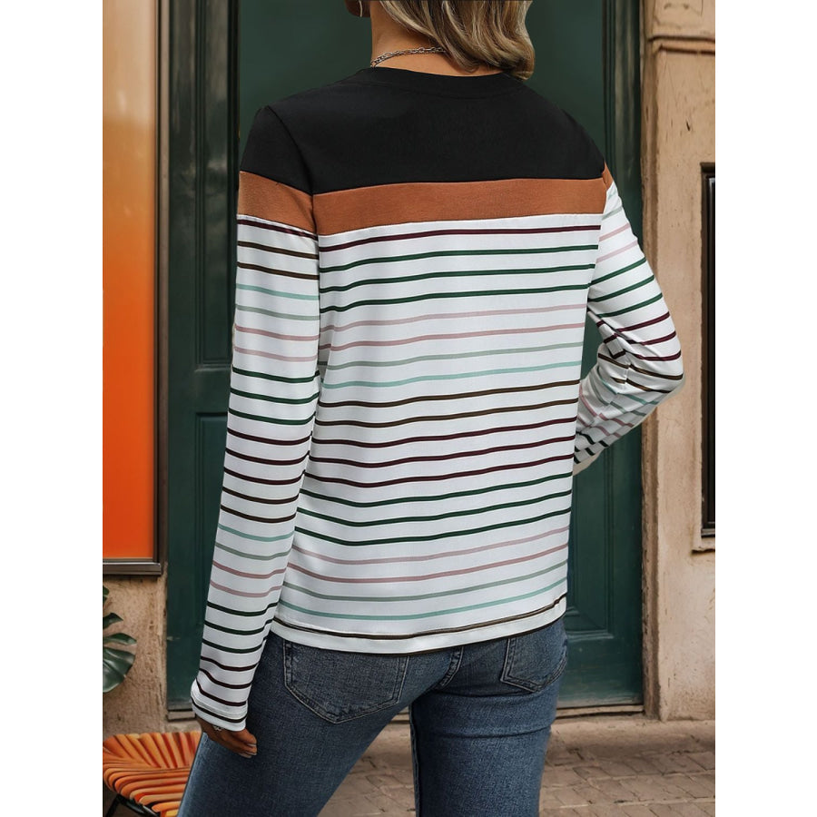 Striped Round Neck Long Sleeve T-Shirt Black / S Apparel and Accessories