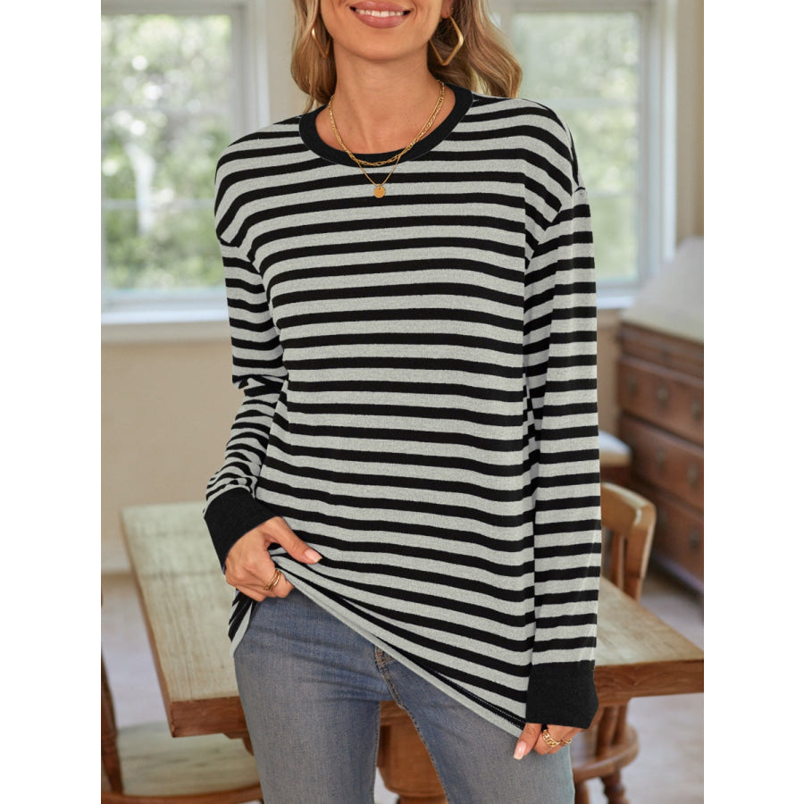 Striped Round Neck Long Sleeve T-Shirt Apparel and Accessories