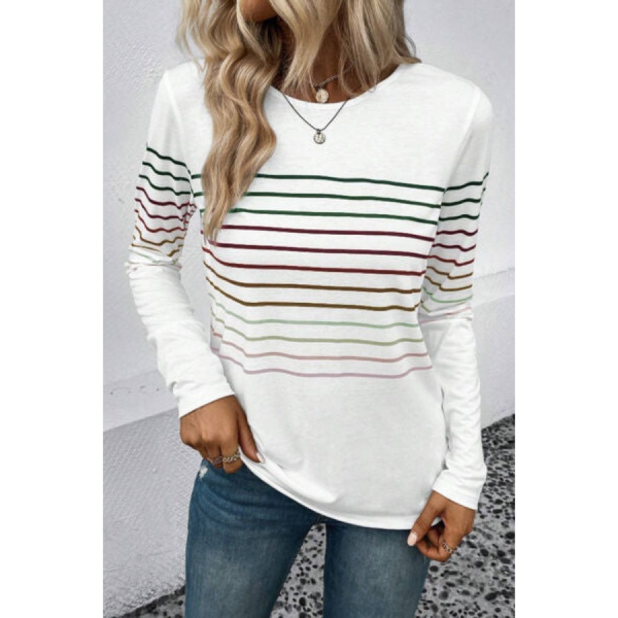 Striped Round Neck Long Sleeve T-Shirt Apparel and Accessories