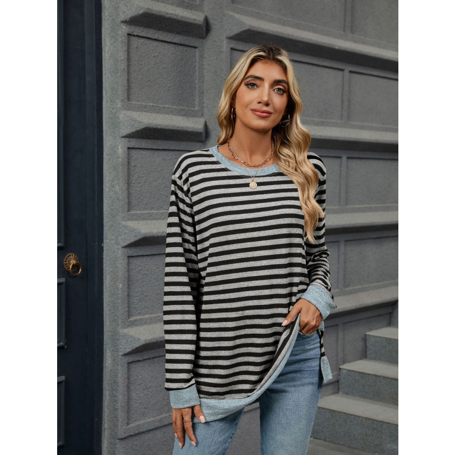 Striped Round Neck Long Sleeve T-Shirt Apparel and Accessories