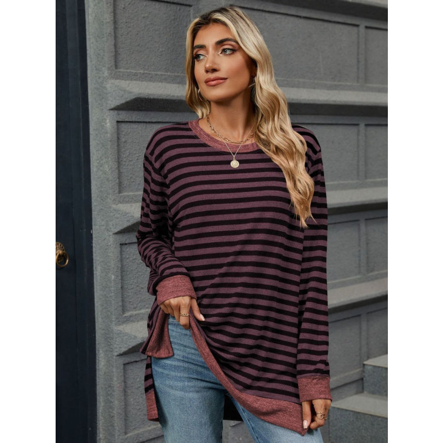 Striped Round Neck Long Sleeve T-Shirt Apparel and Accessories