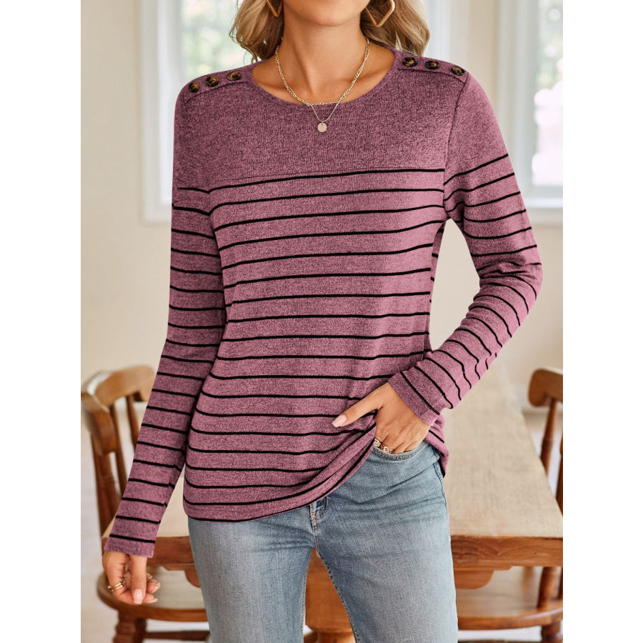 Striped Round Neck Long Sleeve T-Shirt Apparel and Accessories