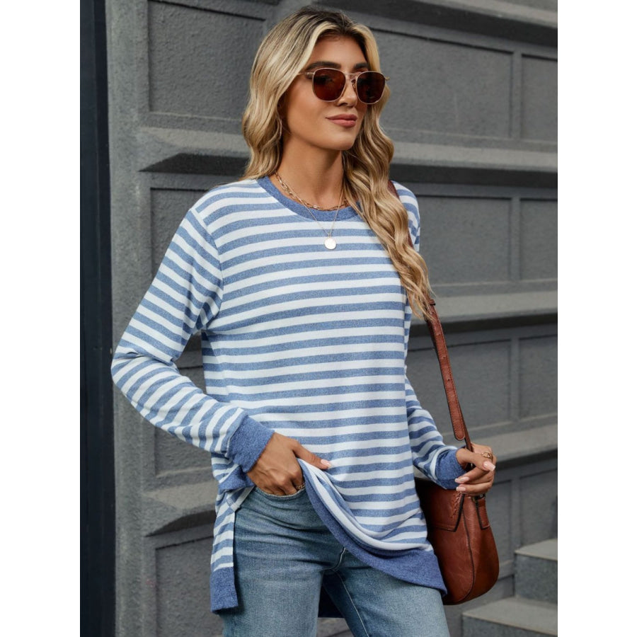 Striped Round Neck Long Sleeve T-Shirt Apparel and Accessories