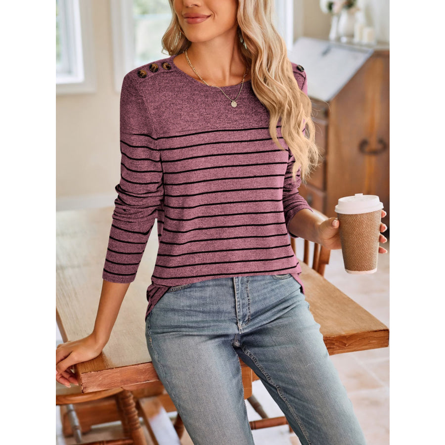 Striped Round Neck Long Sleeve T-Shirt Apparel and Accessories