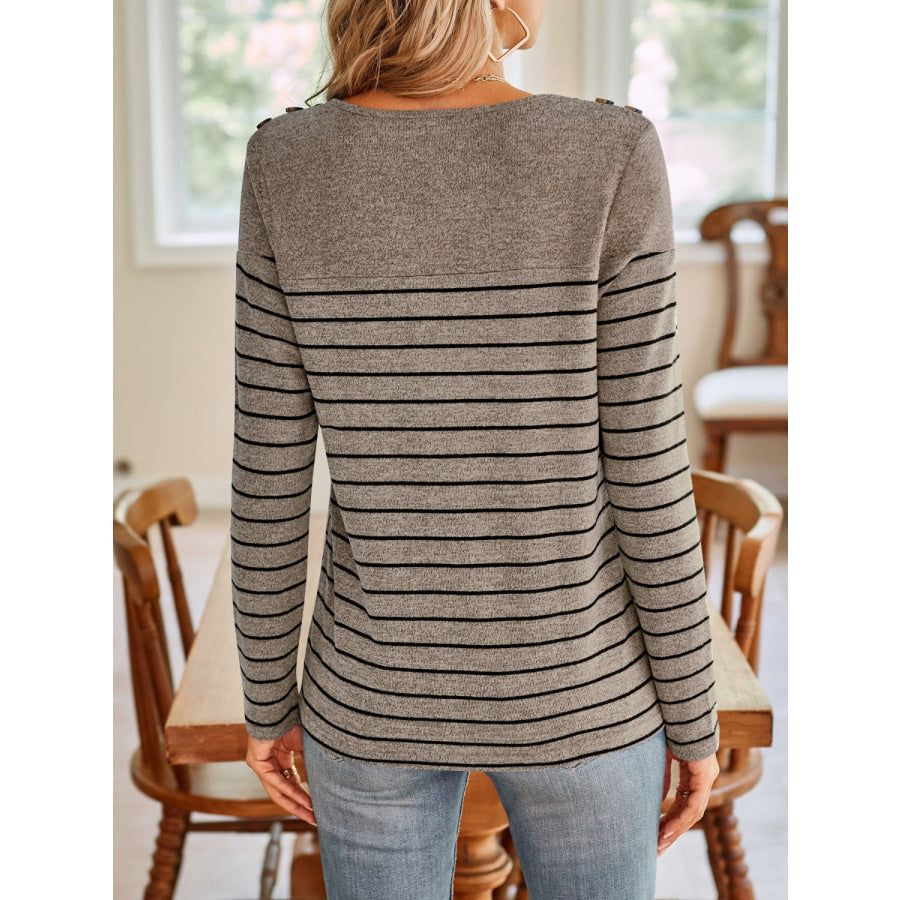 Striped Round Neck Long Sleeve T-Shirt Taupe / S Apparel and Accessories