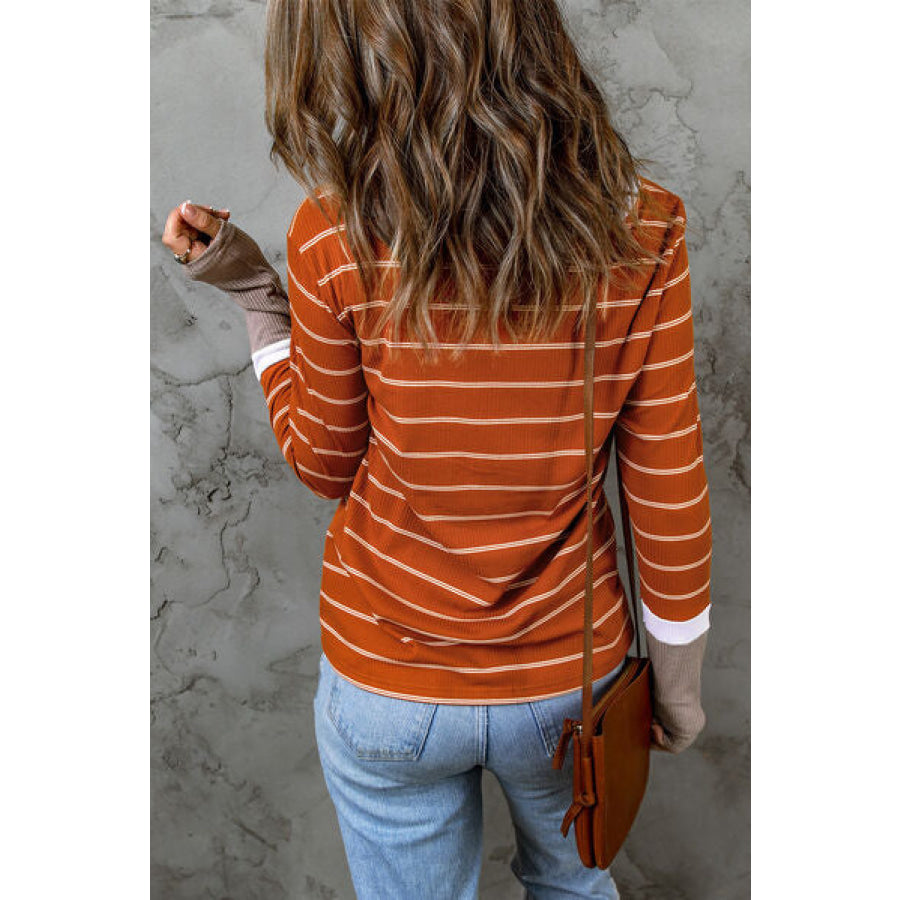 Striped Round Neck Long Sleeve T - Shirt Apparel and Accessories