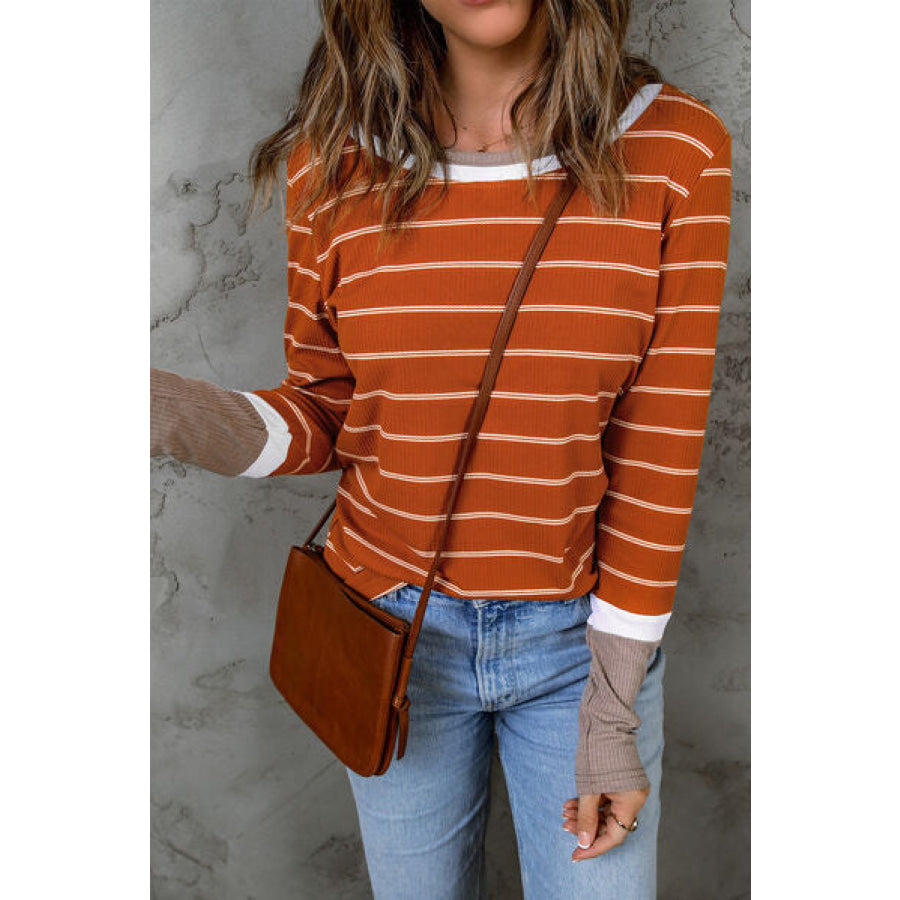 Striped Round Neck Long Sleeve T - Shirt Apparel and Accessories