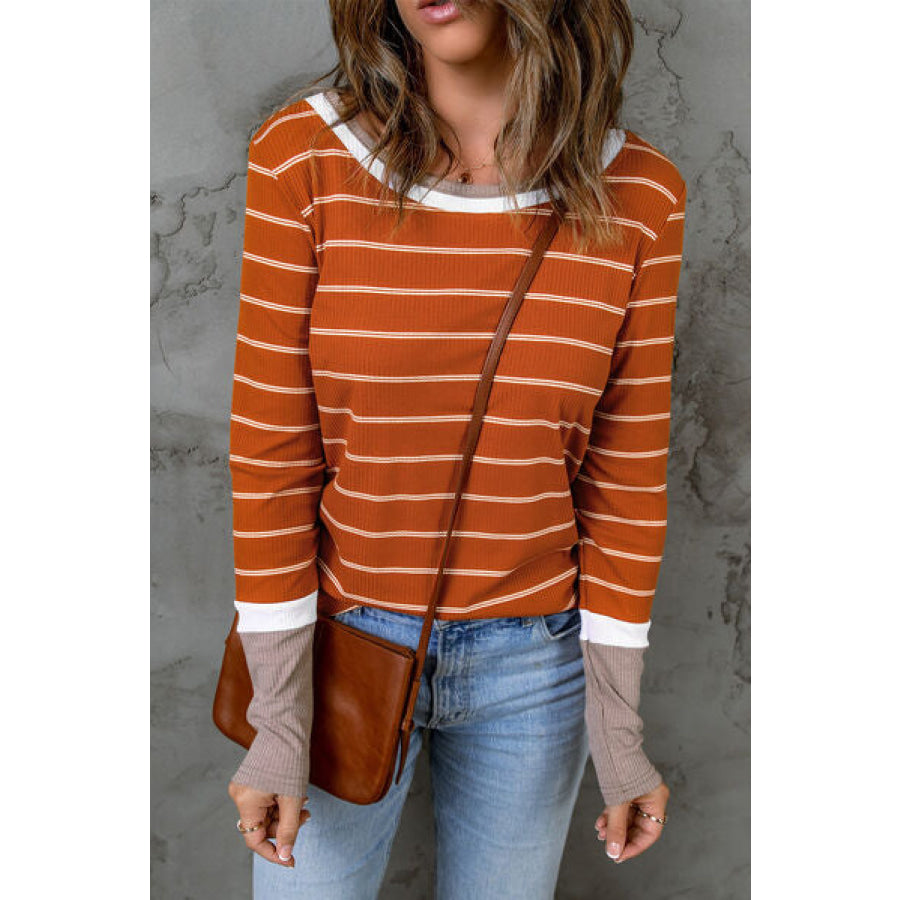 Striped Round Neck Long Sleeve T - Shirt Apparel and Accessories