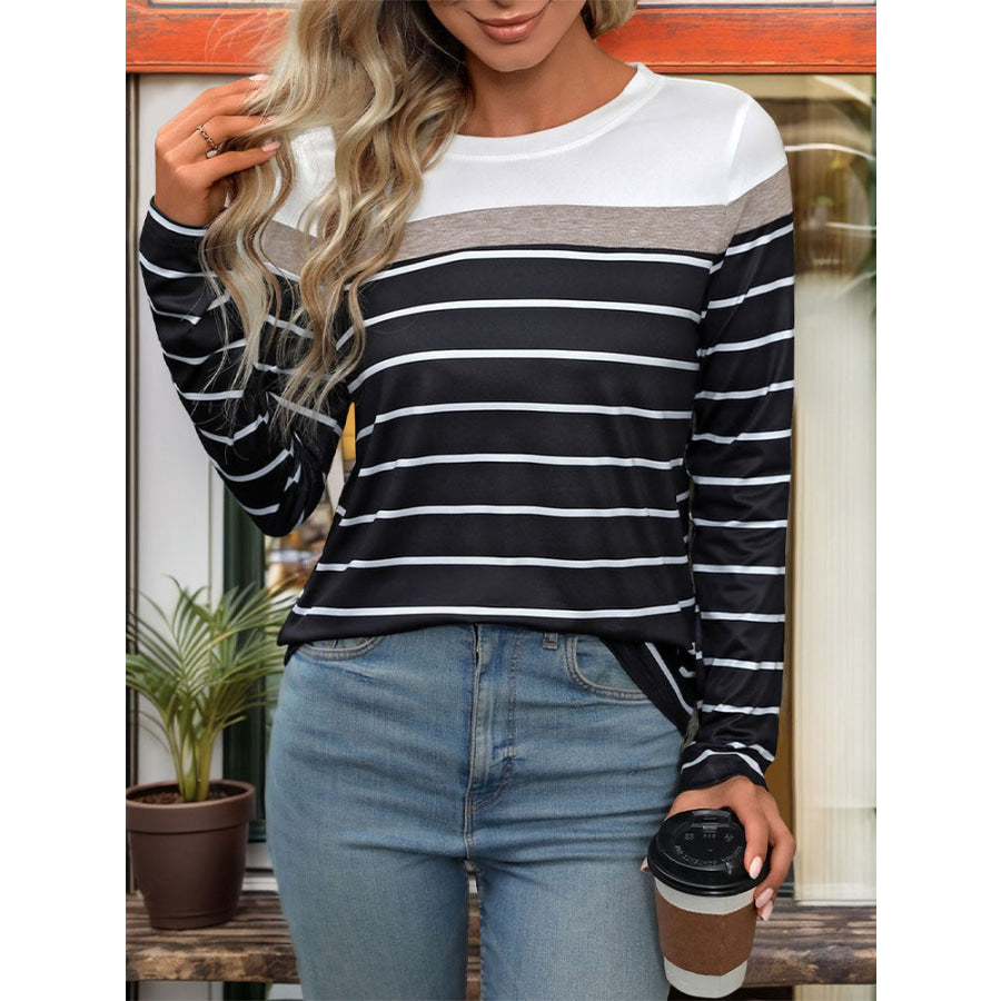 Striped Round Neck Long Sleeve T-Shirt Black / M Apparel and Accessories