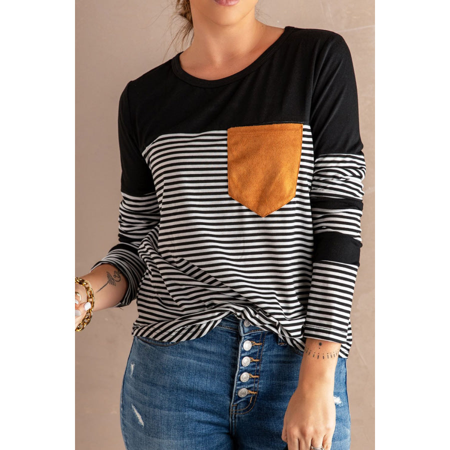 Striped Round Neck Long Sleeve T-Shirt Black / S Apparel and Accessories