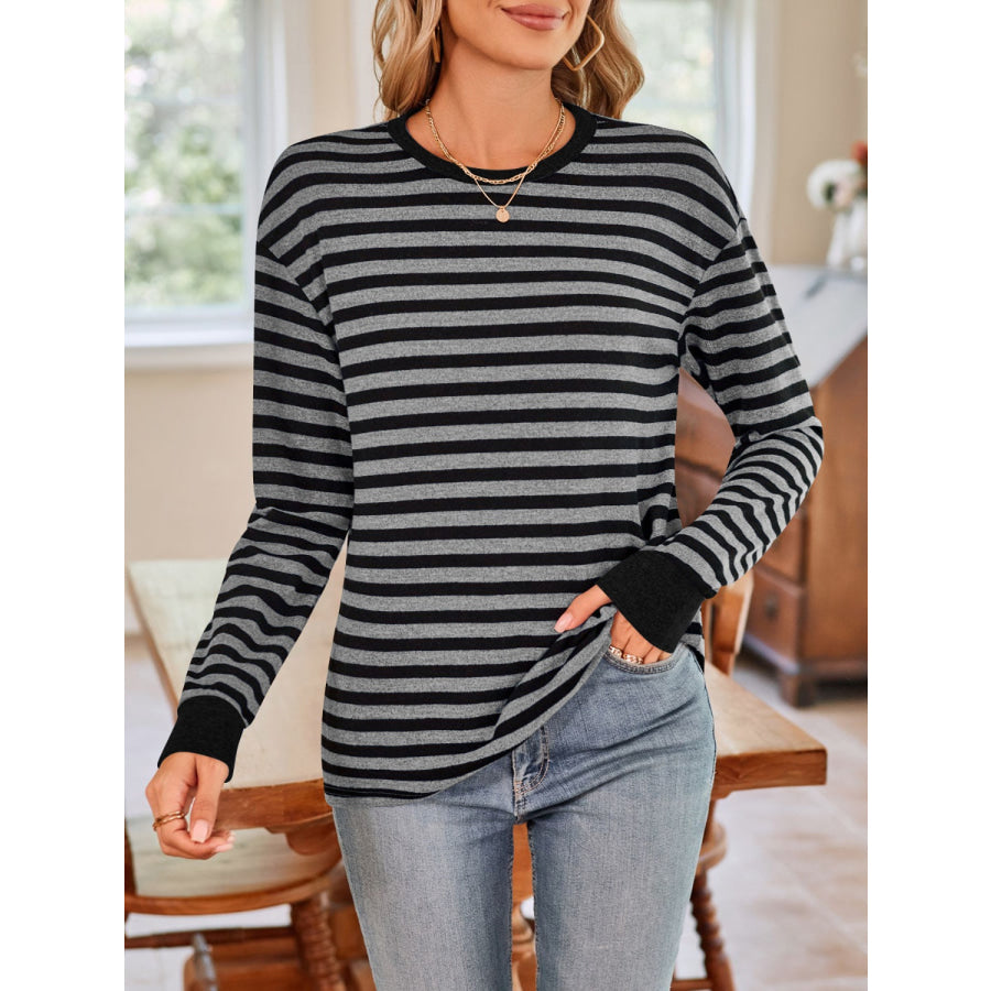 Striped Round Neck Long Sleeve T-Shirt Black / S Apparel and Accessories