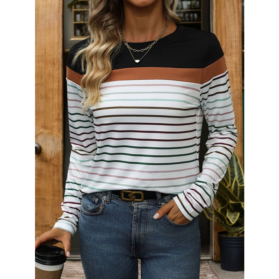 Striped Round Neck Long Sleeve T-Shirt Black / S Apparel and Accessories