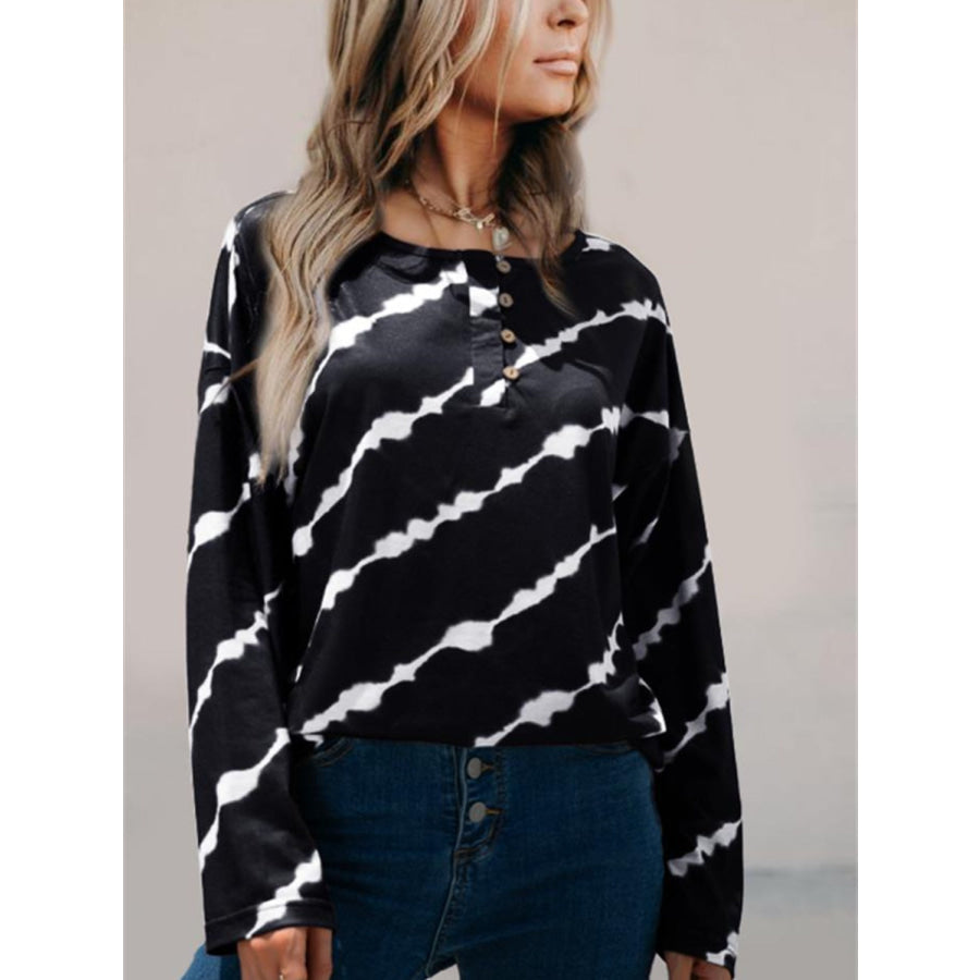 Striped Round Neck Long Sleeve T-Shirt Black / S Apparel and Accessories