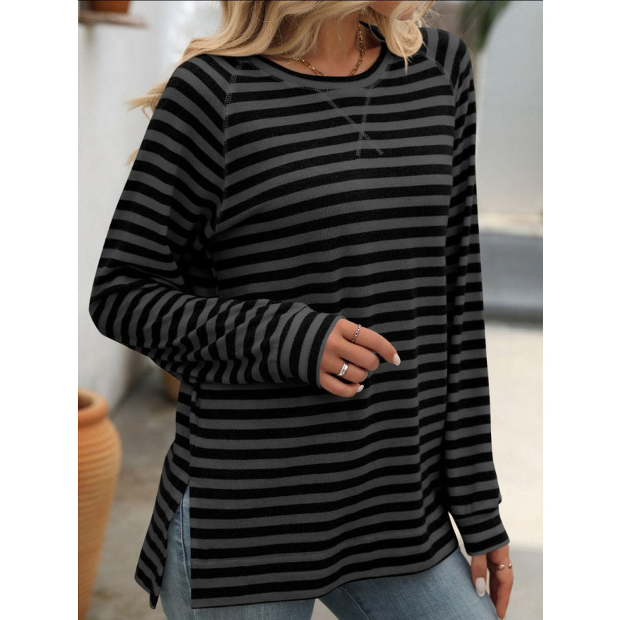 Striped Round Neck Long Sleeve T-Shirt Black / S Apparel and Accessories