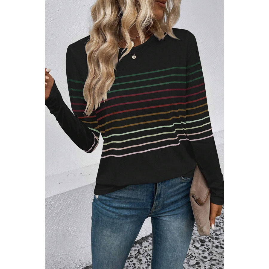 Striped Round Neck Long Sleeve T - Shirt Black / S Apparel and Accessories