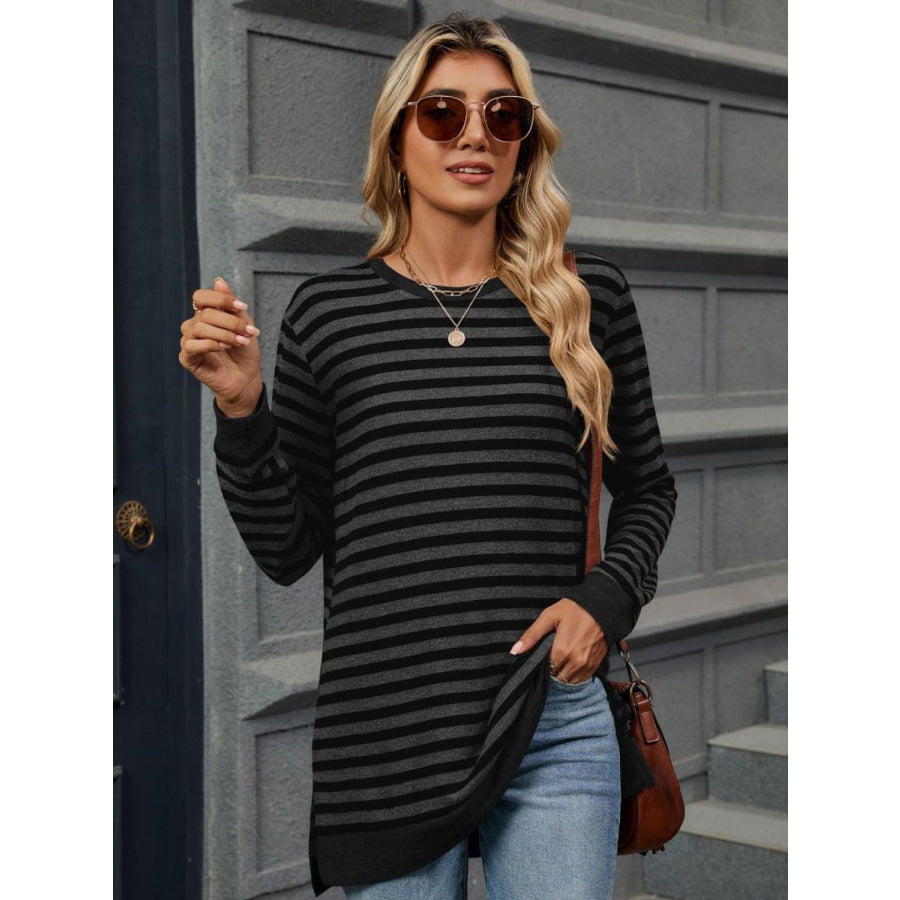 Striped Round Neck Long Sleeve T-Shirt Black / S Apparel and Accessories