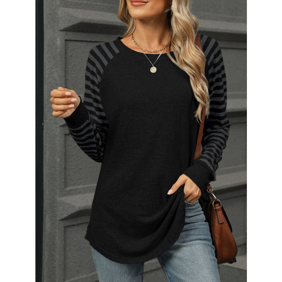 Striped Round Neck Long Sleeve T-Shirt Black / S Apparel and Accessories