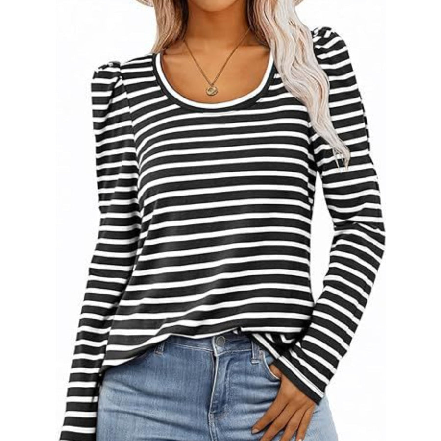 Striped Round Neck Long Sleeve T-Shirt Black / S Apparel and Accessories