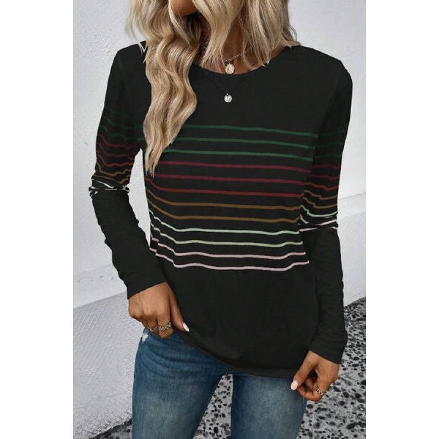 Striped Round Neck Long Sleeve T-Shirt Black / S Apparel and Accessories