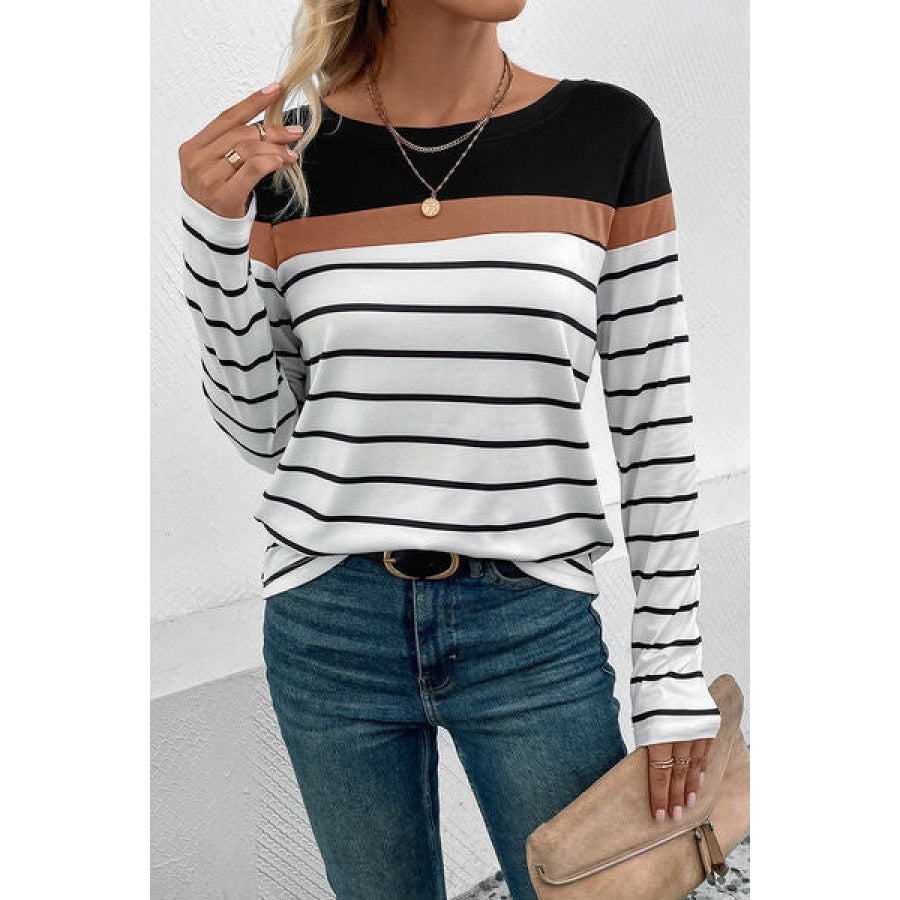 Striped Round Neck Long Sleeve T-Shirt Black / S Clothing